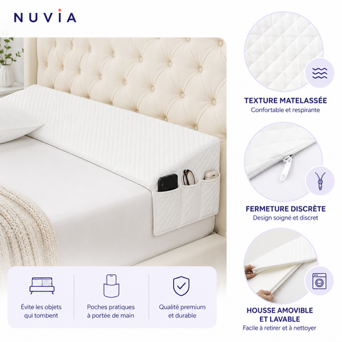 Coussin cale-tête NUVIA blanc avec poche latérale, housse matelassée et fermeture discrète