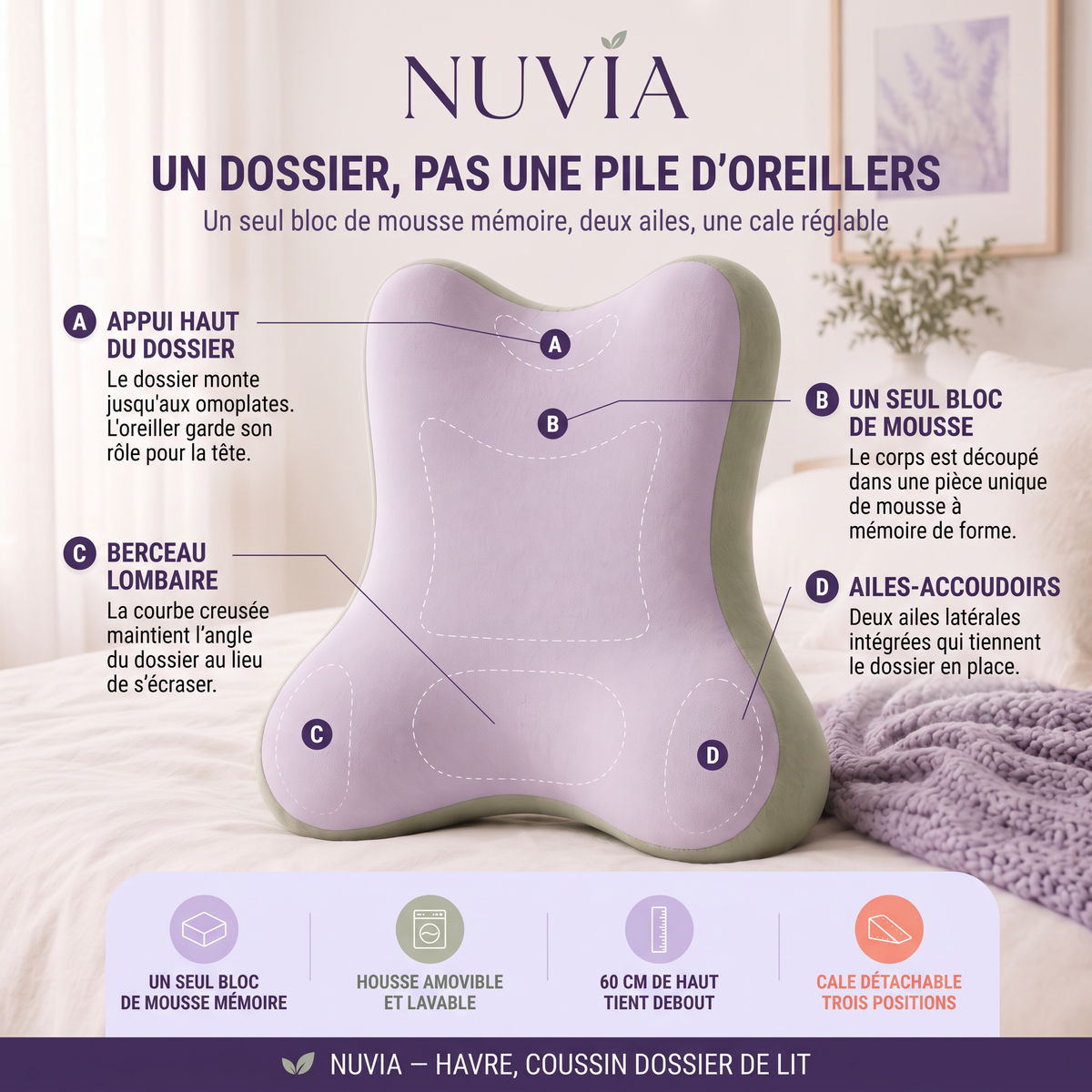 HAVRE — Coussin de lecture pour lit, mousse à mémoire de forme